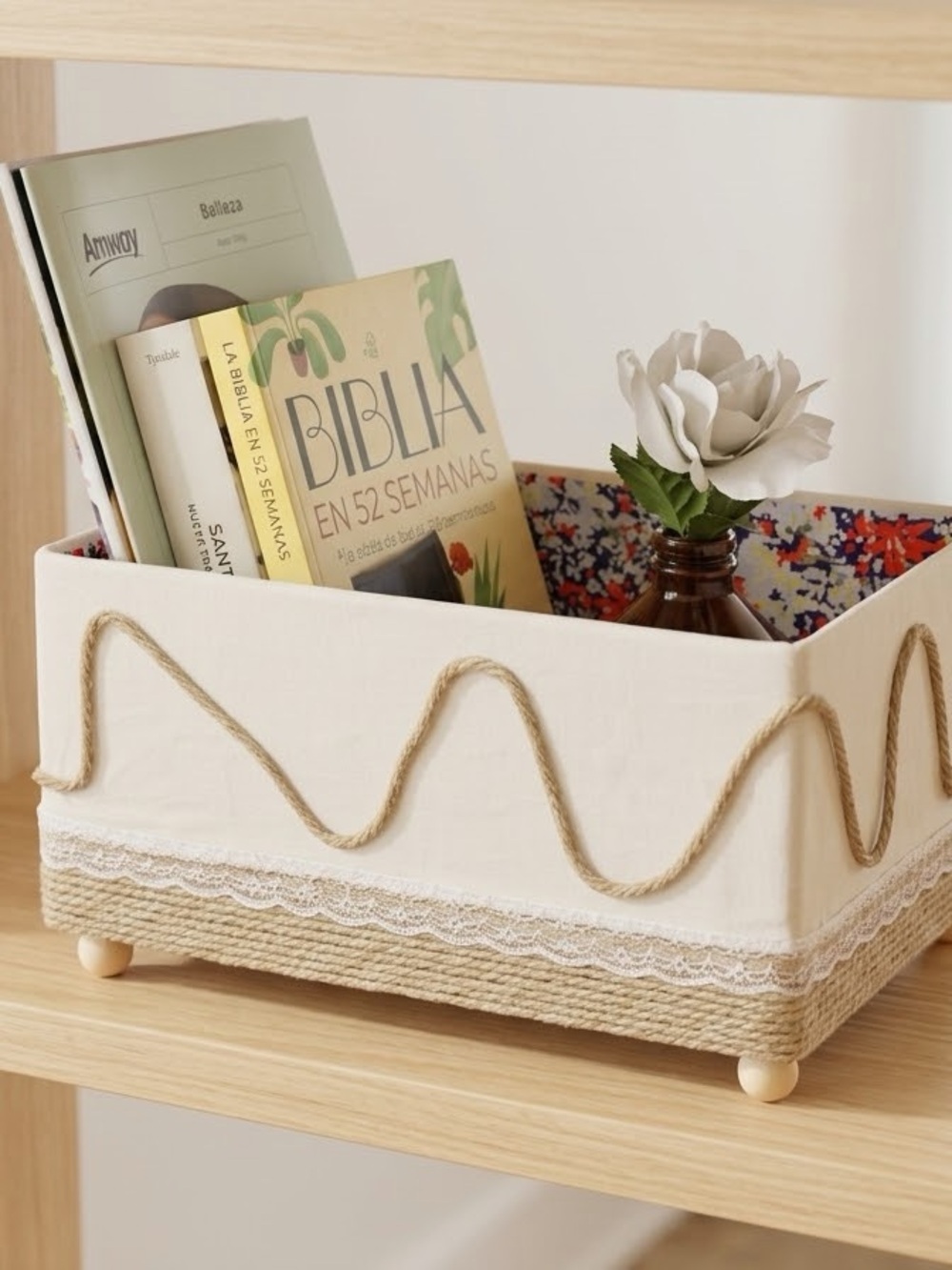 Handmade Boho Fabric Storage Basket Rope Organizer Bin Floral Lined Lace Decor
